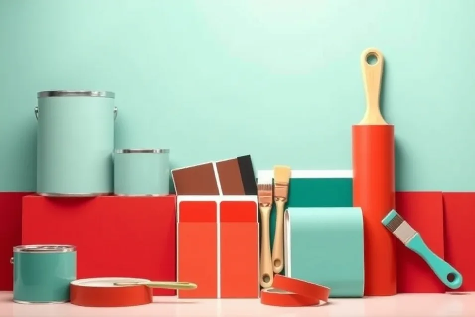Pots de peinture, nuancier, brosses et rouleaux disposés à plat