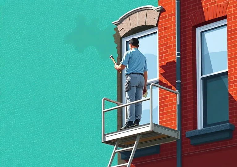 Peintre sur échafaudage traitant la façade d'une maison