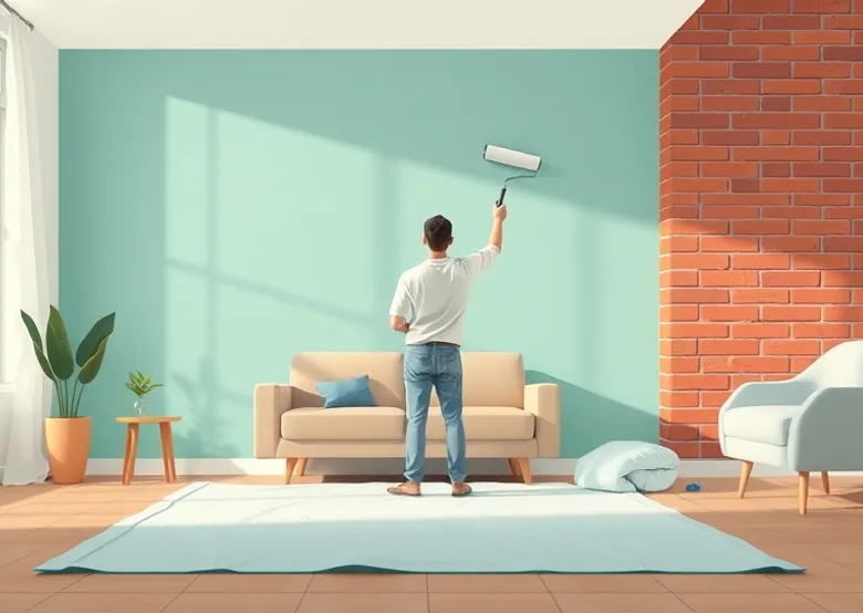 Peintre appliquant la peinture au rouleau sur un mur de salon